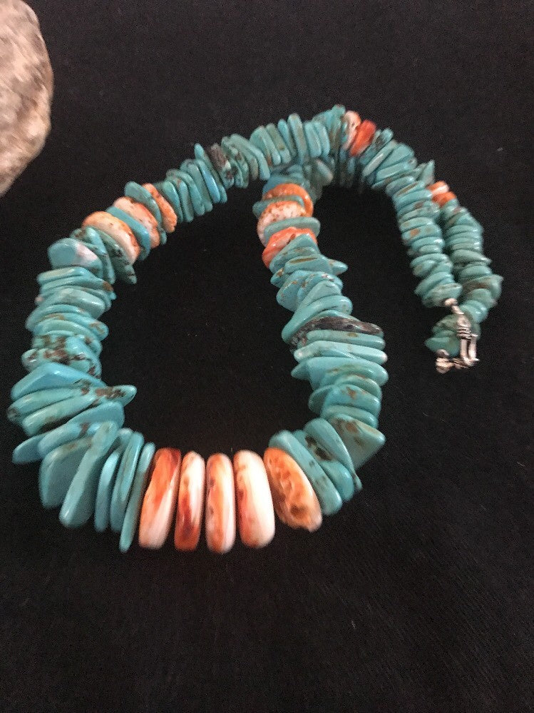 Turquoise Spiny Oyster Nugget Sterling Silver Necklace 21" 03325