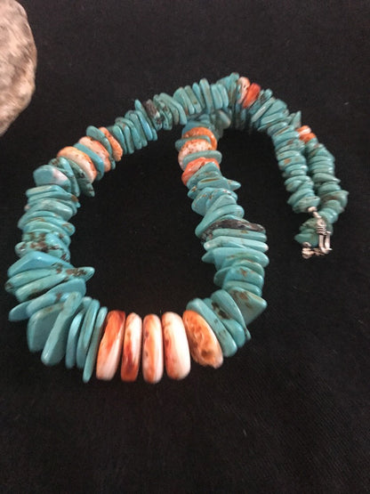 Turquoise Spiny Oyster Nugget Sterling Silver Necklace 21" 03325