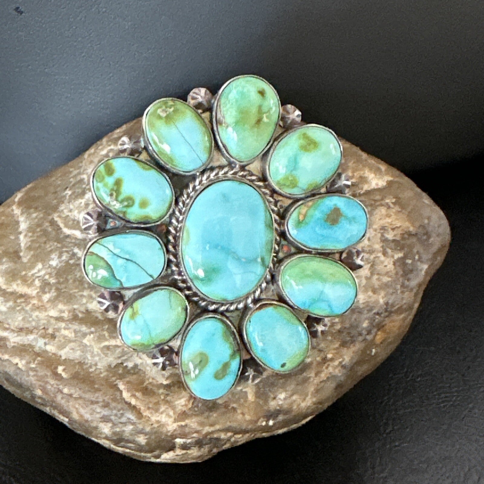 Sonoran Gold Green Turquoise Navajo Sterling Silver Cluster Ring Size 11 16033N