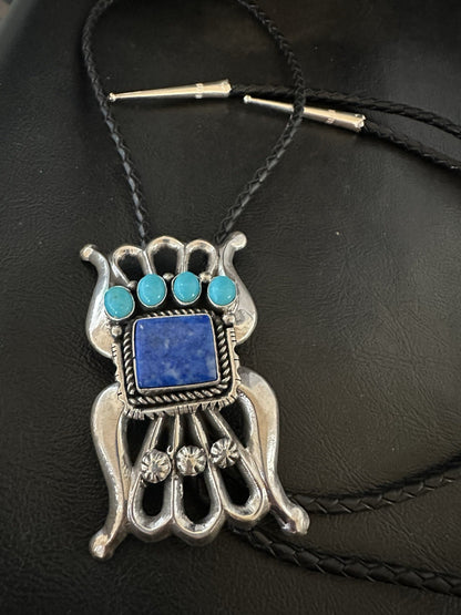 Mens Tufa Blue Lapis Lazuli Turquoise Navajo Sterling Silver Bolo Tie 3” 19472