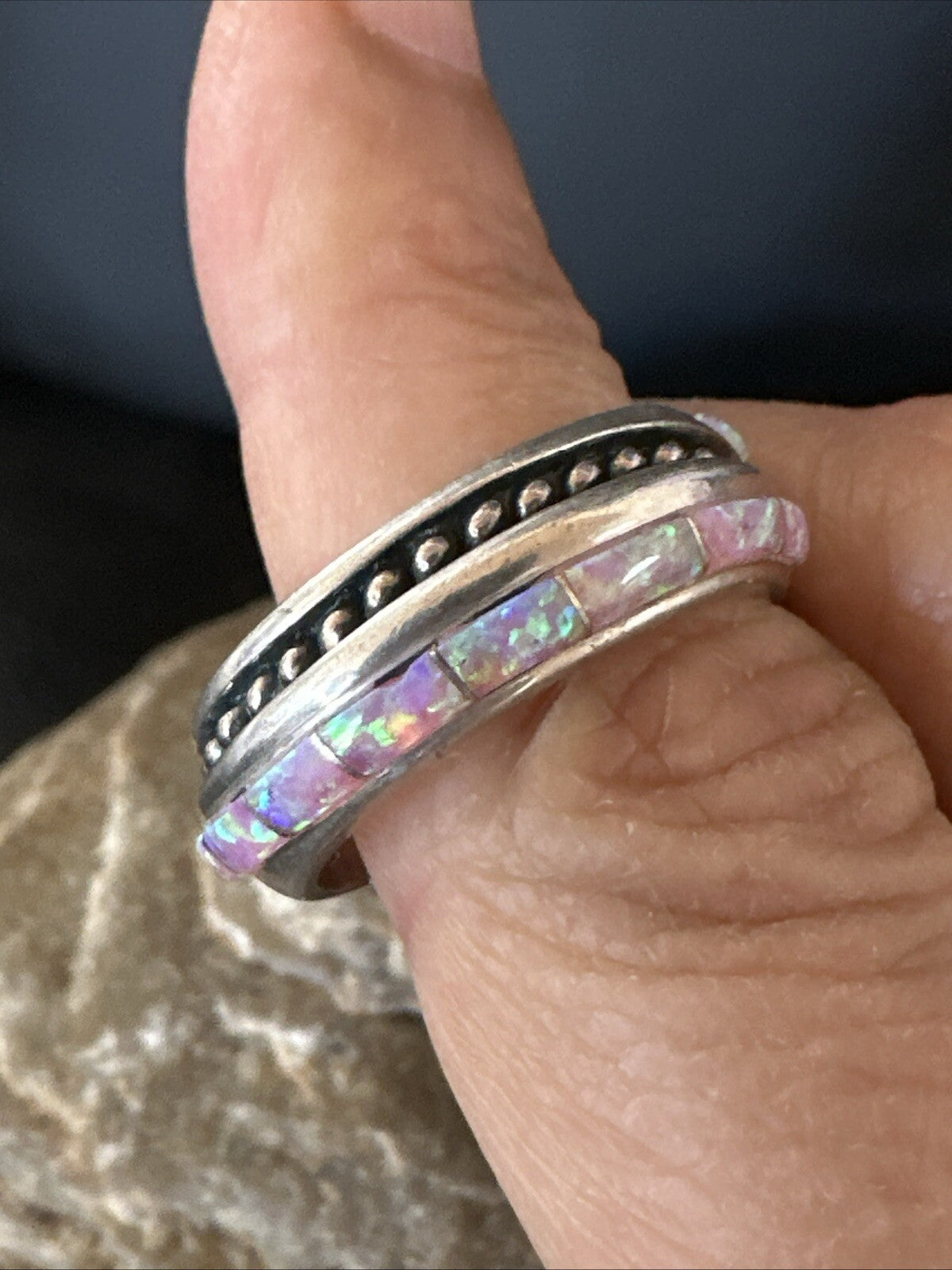Pink Opal Navajo Sterling Silver Band Inlay Ring Size 9 18784
