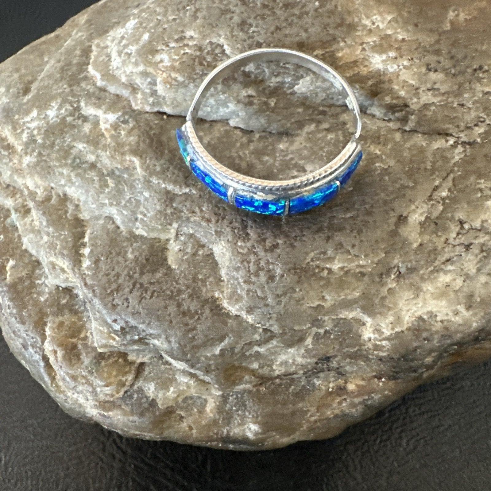 Blue Opal Navajo Sterling Silver Band Inlay Ring Size 7.5 19724