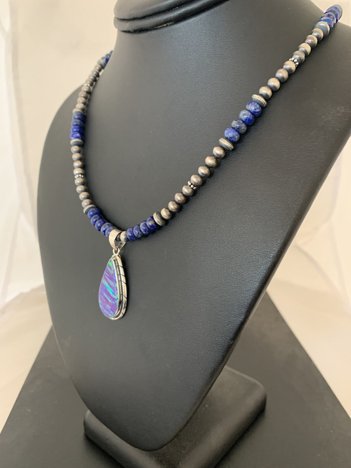 Native Navajo Sterling Silver Purple Opal Lapis Necklace Pendant 00591