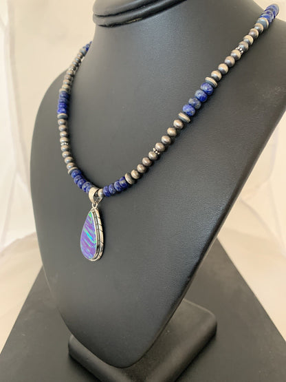 Native Navajo Sterling Silver Purple Opal Lapis Necklace Pendant 00591