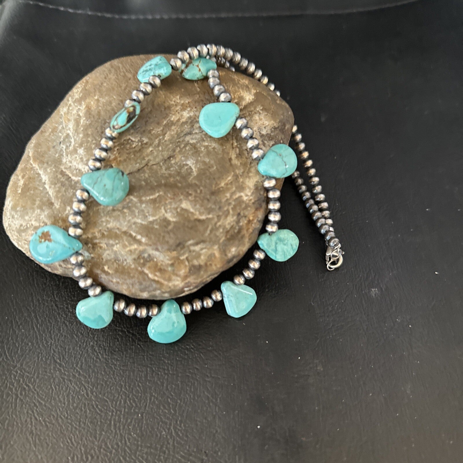 17in Teardrop Navajo Pearls Sterling Silver Blue Turquoise Necklace 14732