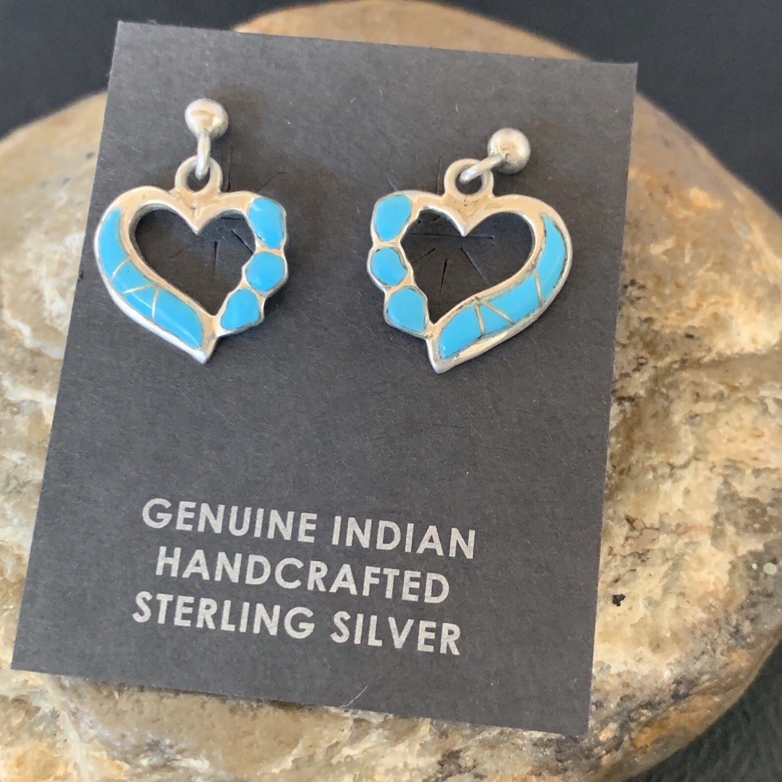 Blue Turquoise Heart Navajo Sterling Silver Dangle Post Earrings 0.5" 12717