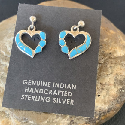 Blue Turquoise Heart Navajo Sterling Silver Dangle Post Earrings 0.5" 12717