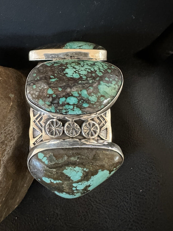 Men's Blue Spiderweb Turquoise Navajo Cuff Bracelet 7.25" | Sterling Silver | Authentic Native American Handmade | 19435