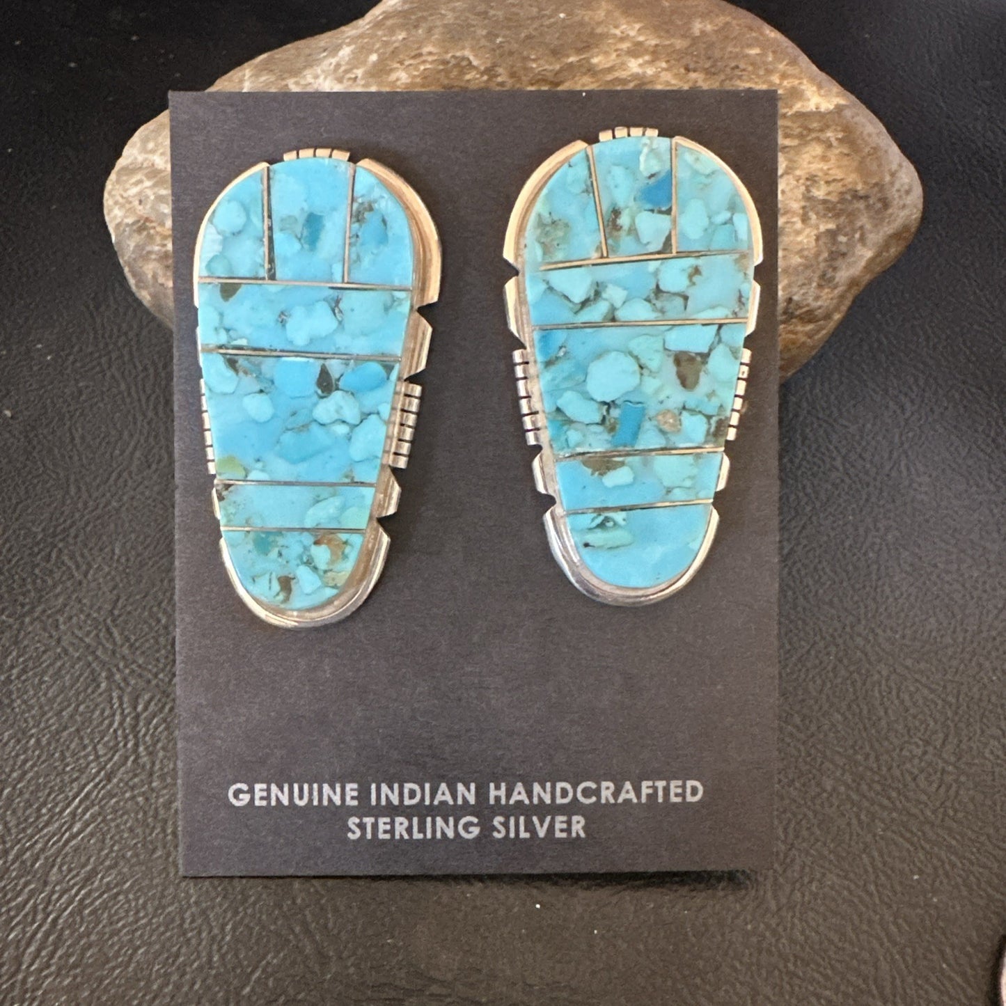 New Inlay Blue Kingman Turquoise Sterling Silver Earrings 1.5” 19097