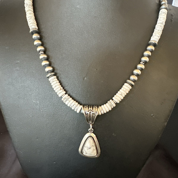 White Buffalo Turquoise Pendant Navajo Pearls Necklace 22" | Sterling Silver | Authentic Native American Handmade | 18260