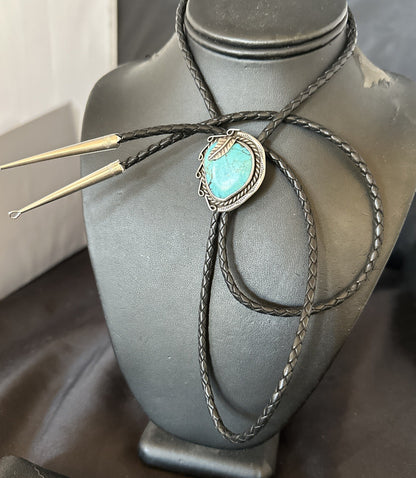 Native Mens Blue Kingman Turquoise Bolo Tie Sterling Silver Navajo 18128