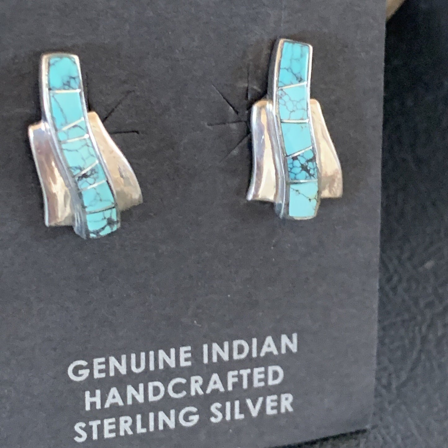 Womens Blue Spider Web Turquoise Navajo Sterling Silver Inlay Earrings 12901