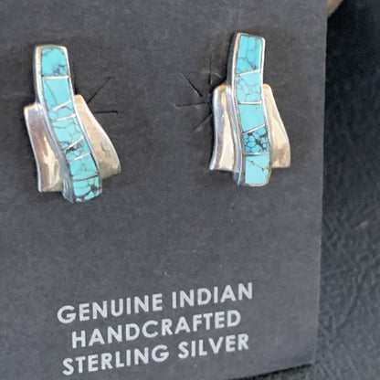 Womens Blue Spider Web Turquoise Navajo Sterling Silver Inlay Earrings 12901