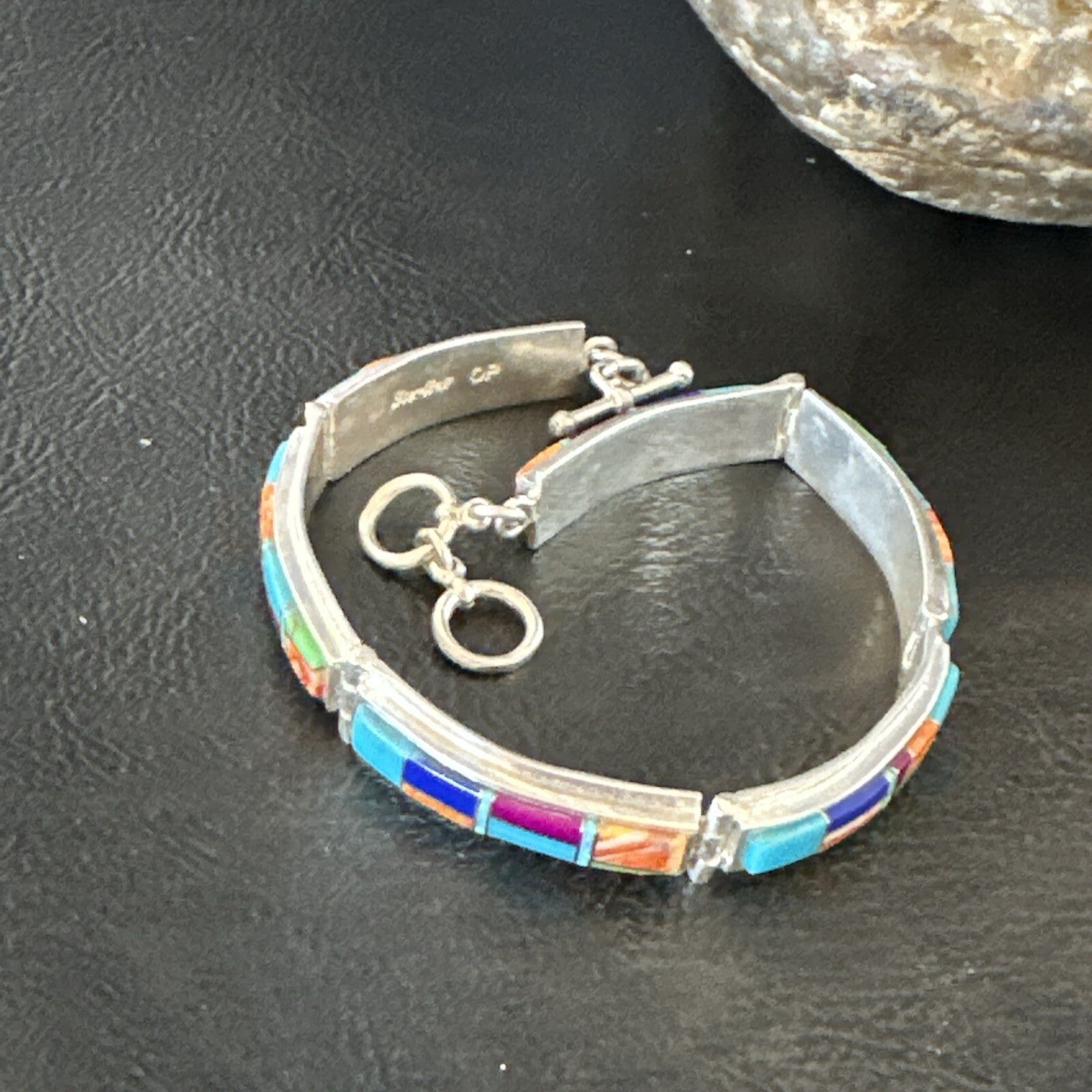 Blue Turquoise Spiny Navajo Old Pawn Sterling Silver Inlay Bracelet 7.5" 18127