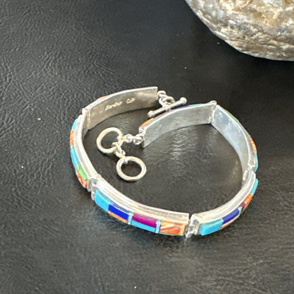 Blue Turquoise Spiny Navajo Old Pawn Sterling Silver Inlay Bracelet 7.5" 18127