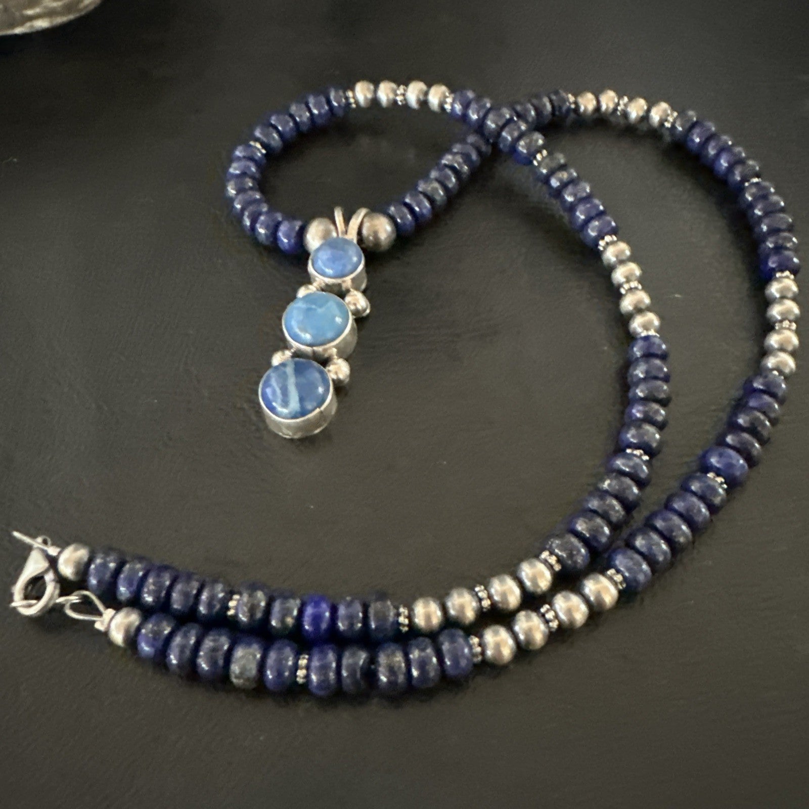Handmade Blue Lapis Cluster Pendant NavajoSterling Silver Necklace 2" 19655
