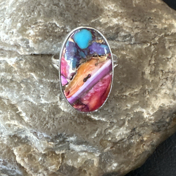Blue Turquoise Spiny Oyster Southwestern Ring Size 8 | Sterling Silver | Authentic Native American Handmade | 18479