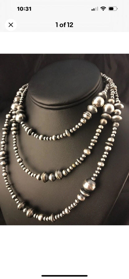 48” Long Navajo Pearls Mixed Bead Sterling Silver Necklace