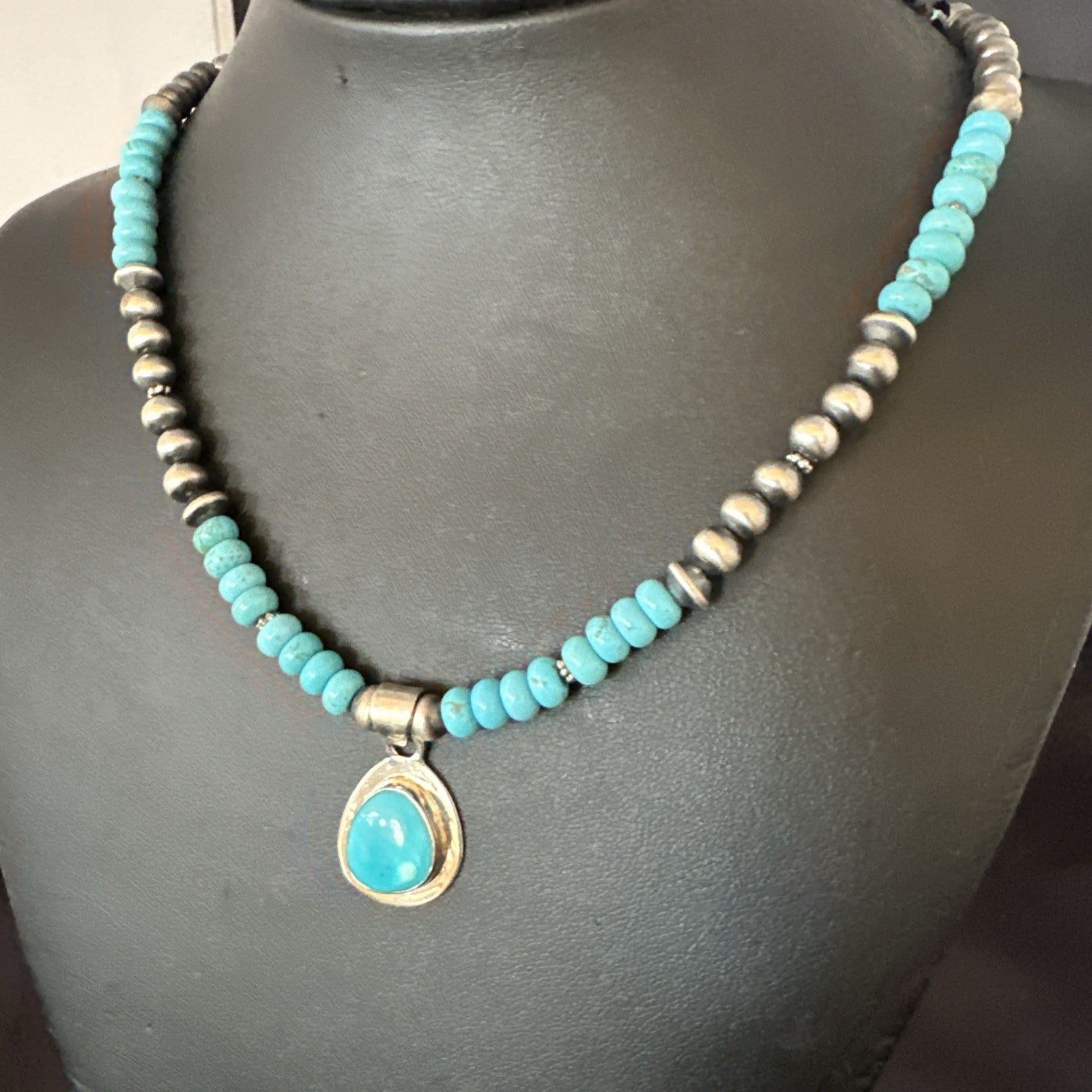 WoMens Blue Kingman Turquoise Pendant Navajo Sterling Silver Necklace 21" 19055