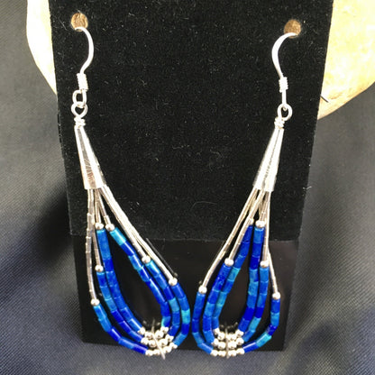 Blue Lapis 3 Strand Heishi Liquid Sterling Silver Dangle Earrings 2013