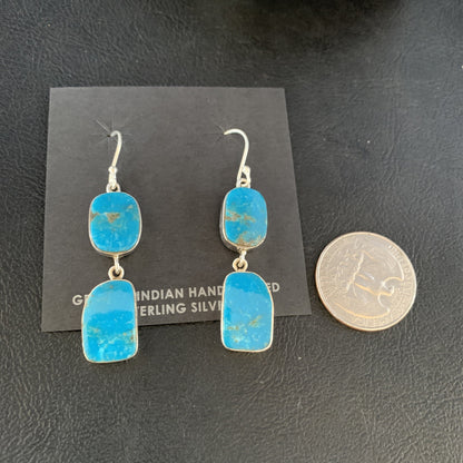 Kingman Turquoise Handmade Navajo Sterling Silver Dangle Earrings 1.5" 14010