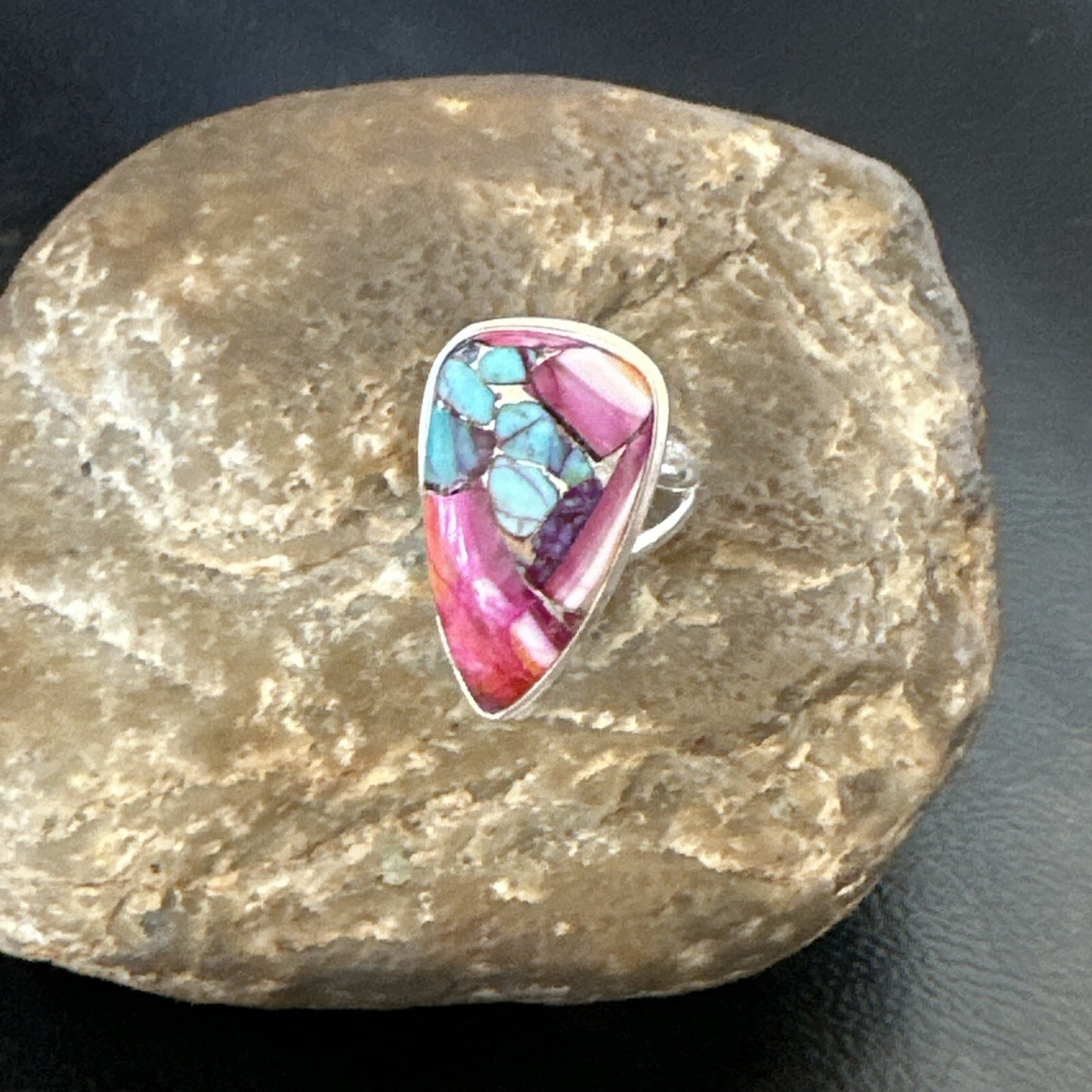 Blue Turquoise Spiny Oyster Navajo Sterling Silver Ring Size 7 18254