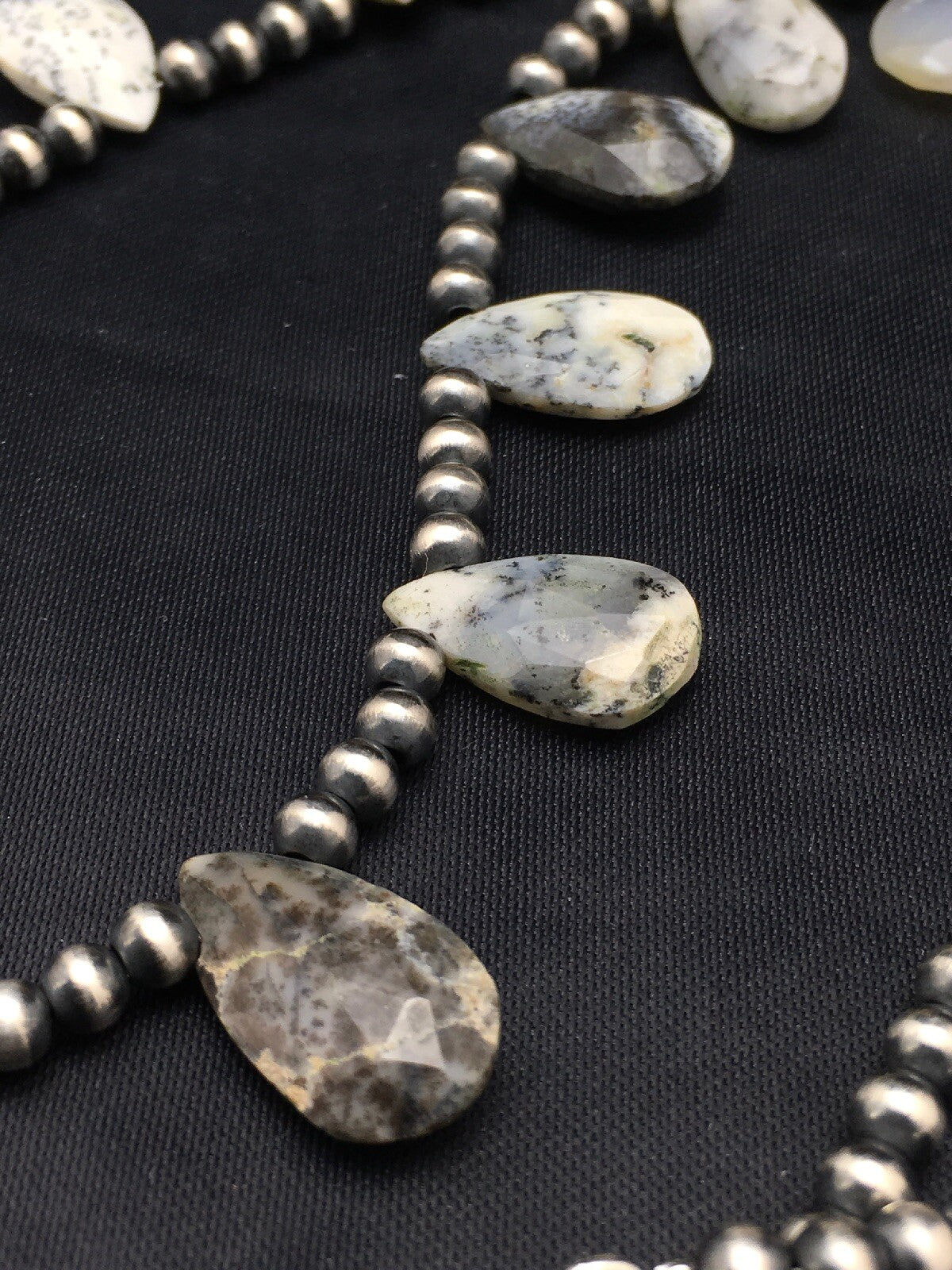 Black Rutilated Opal Pear Shaped Navajo Pearls Sterling Silver Necklace 04090