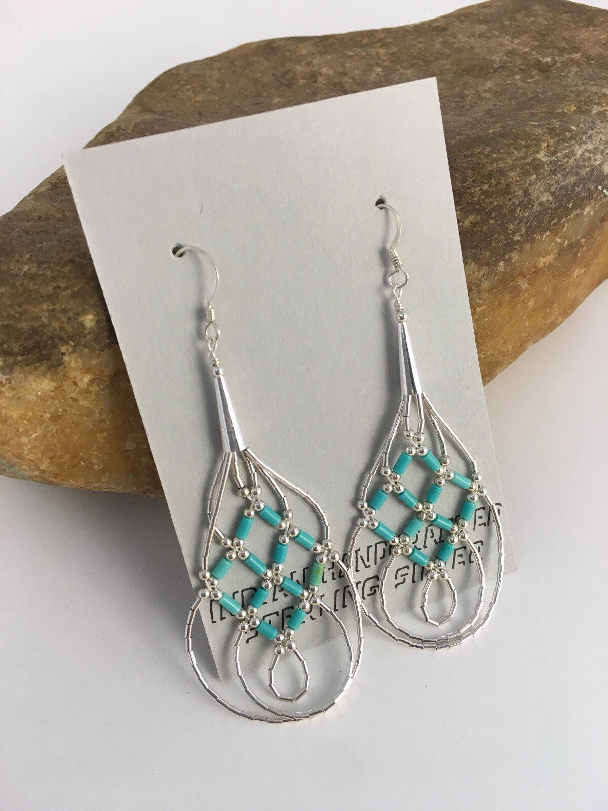 Native Blue Turquoise Heishi Liquid Sterling Silver Dangle Earrings 2" 08878