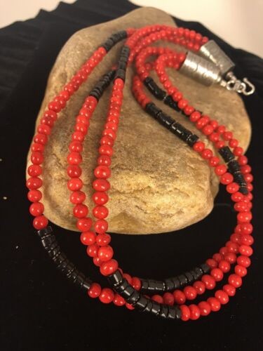 Navajo Coral Necklace Pendant Sterling Silver 20" 3 Strand 8006