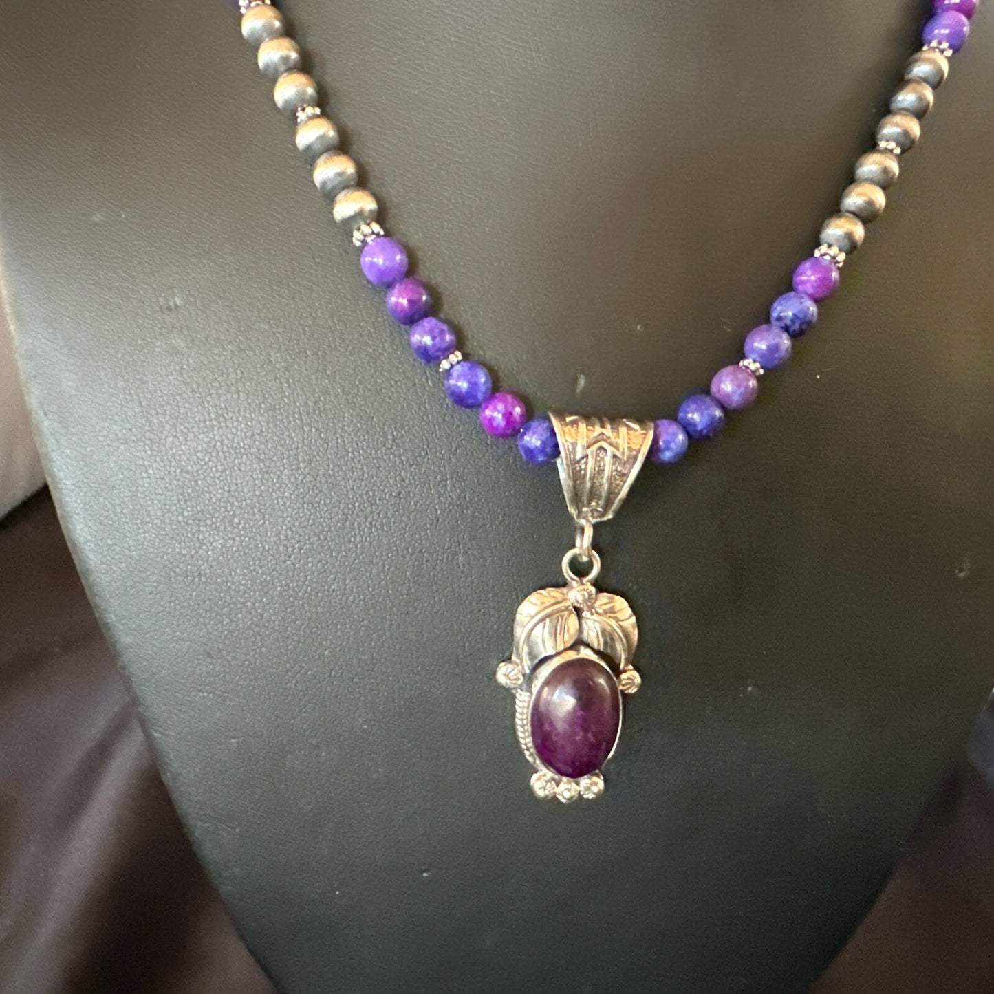 Purple Stone Pendant Navajo Pearls Sterling Silver Necklace 18387