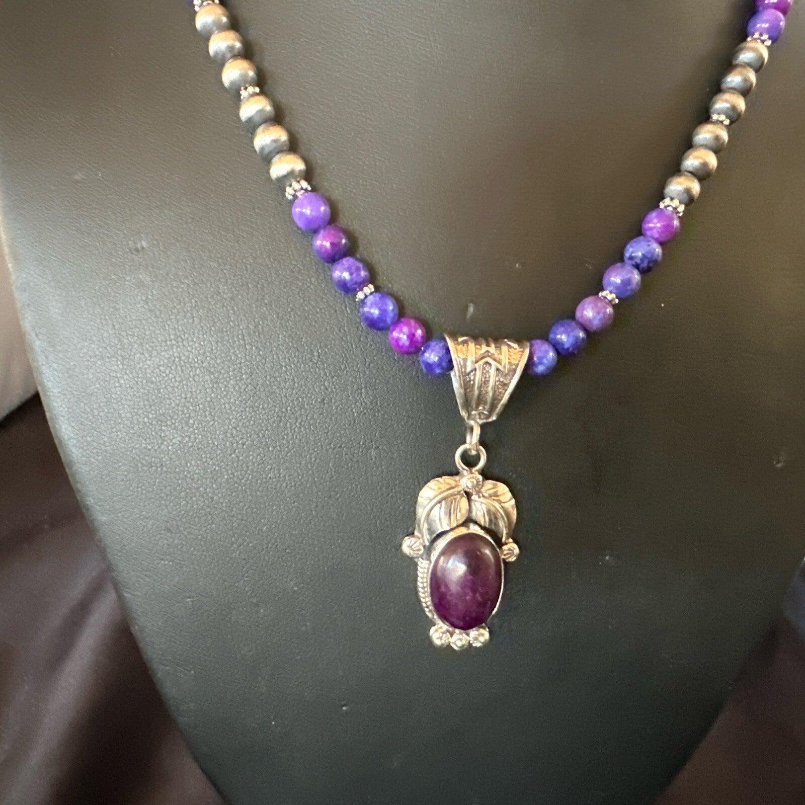 Purple Stone Pendant Navajo Pearls Sterling Silver Necklace 18387