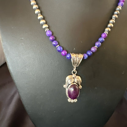 Purple Stone Pendant Navajo Pearls Sterling Silver Necklace 18387