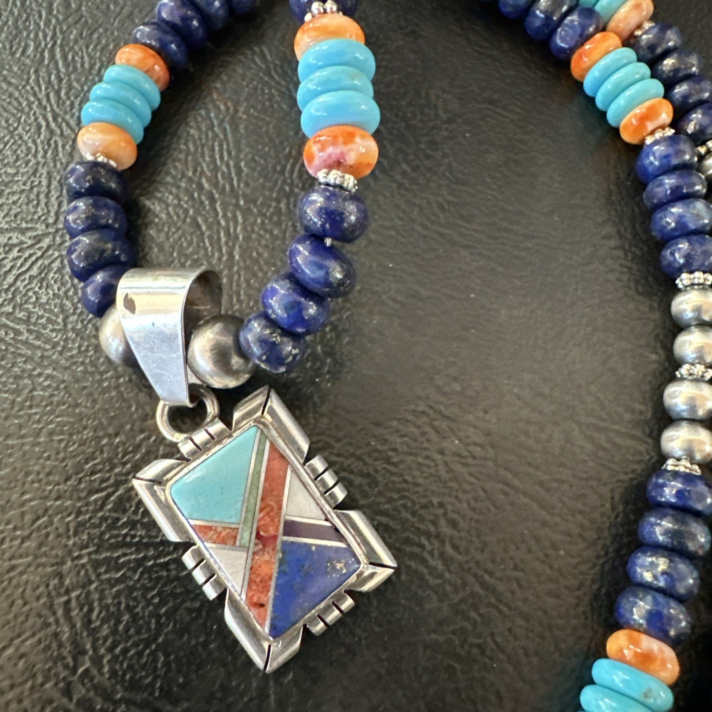 Multicolor Turquoise Coral Navajo Sterling Silver Inlay Pendant Necklace 19651