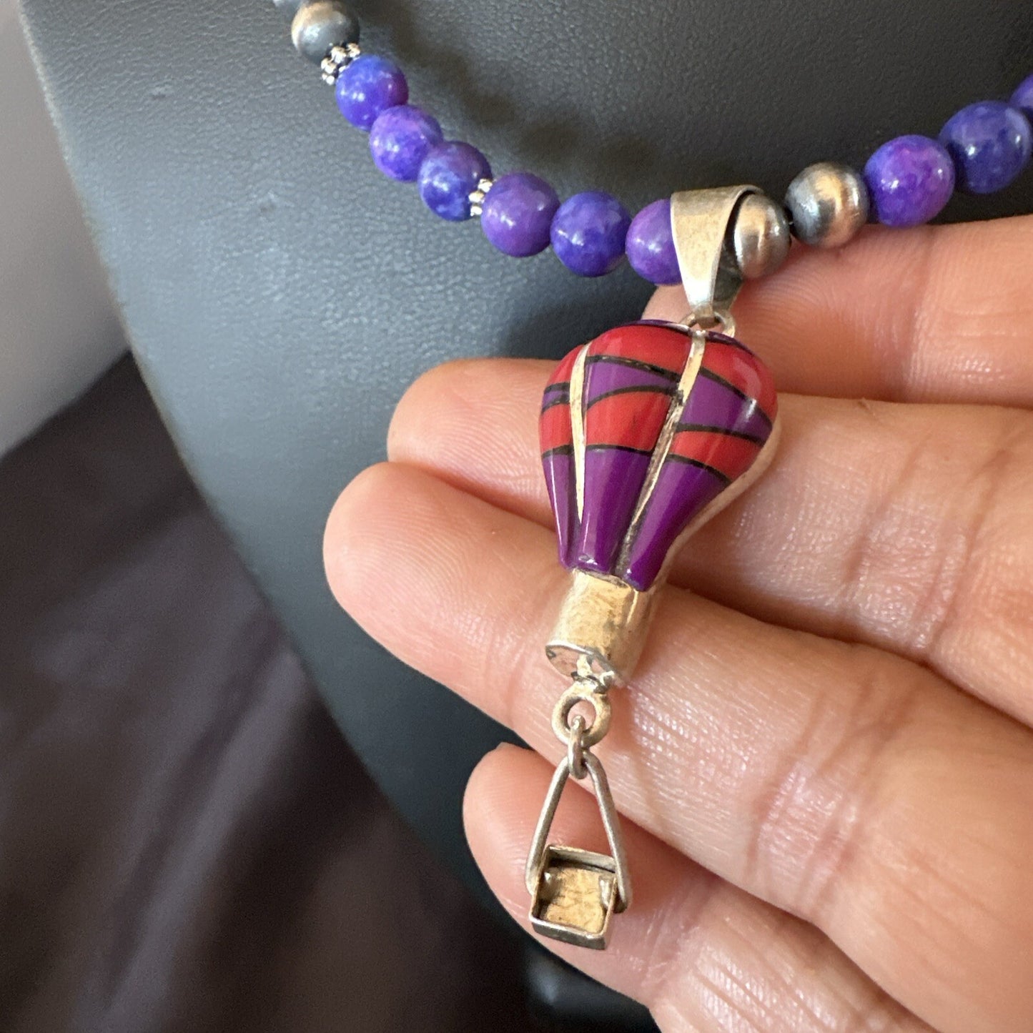 Balloon Red Coral Purple Pendant Navajo Sterling Silver Necklace 22" 18346
