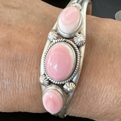 Navajo Pink Conch 3 Stone Sterling Silver Cuff Bracelet 18852