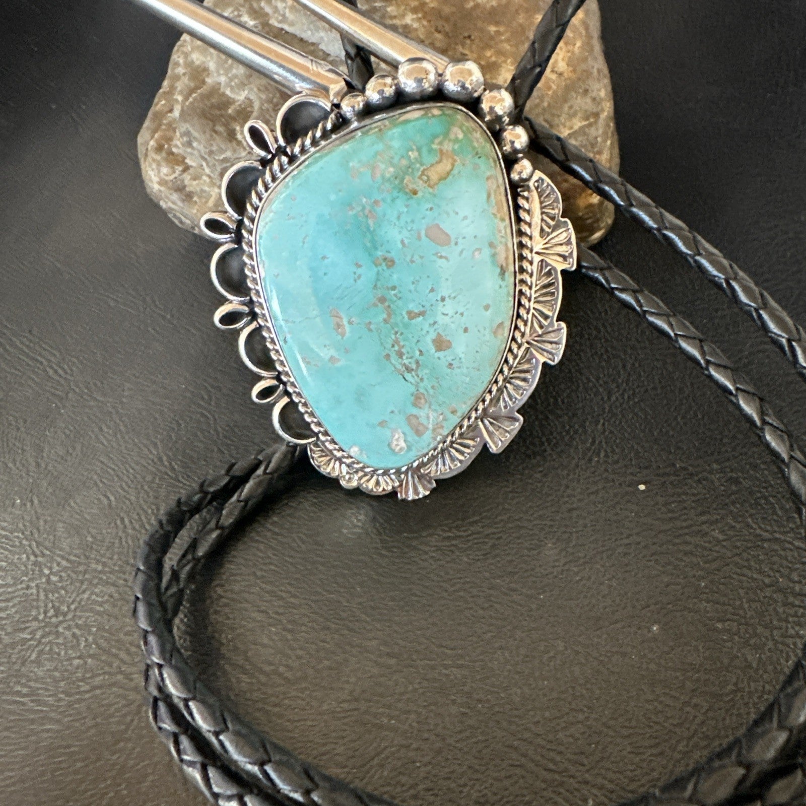 Native Mens Blue Green Royston Turquoise Bolo Tie Sterling Silver Navajo 19592