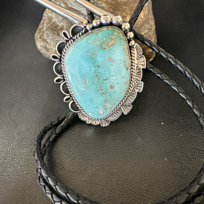Native Mens Blue Green Royston Turquoise Bolo Tie Sterling Silver Navajo 19592