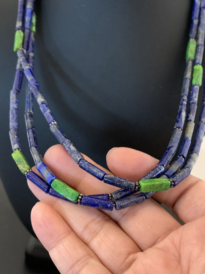Mens Navajo Lapis Green Turquoise 3 Strands Sterling Silver 21" Necklace 8370