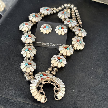 Old Pawn Sunface Turquoise Zuni Sterling Silver Squash Necklace Earrings 19085