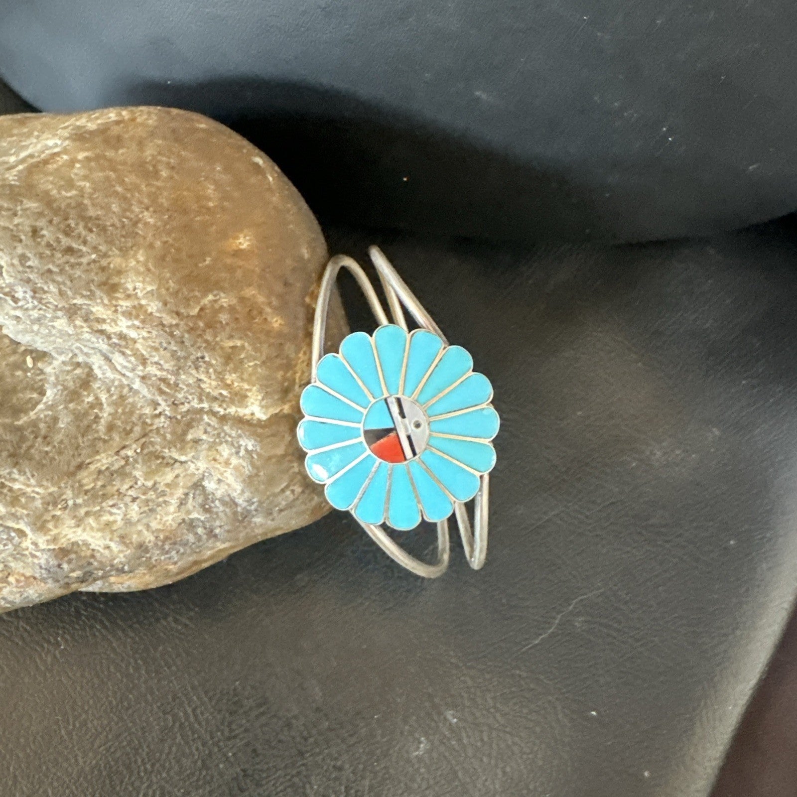 Old Pawn Sunface Turquoise Zuni Sterling Silver Onyx Bracelet 6.5” 19129