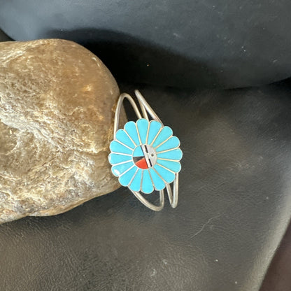 Old Pawn Sunface Turquoise Zuni Sterling Silver Onyx Bracelet 6.5” 19129