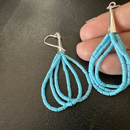 Blue Turquoise 3 Strand Sterling Silver Heishi Dangle 2” Earrings 18196