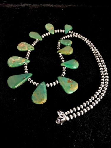 Navajo Green Turquoise Teardrop Necklace Sterling Silver Handmade 8744