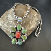 Navajo Cluster Red Turquoise Pendant Necklace | Sterling Silver | Authentic Native American Handmade | 17713