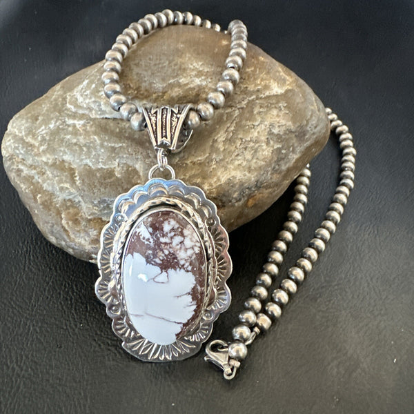 Wild Horse Turquoise Pendant Beads Necklace | Sterling Silver | Authentic Native American Handmade | 18026