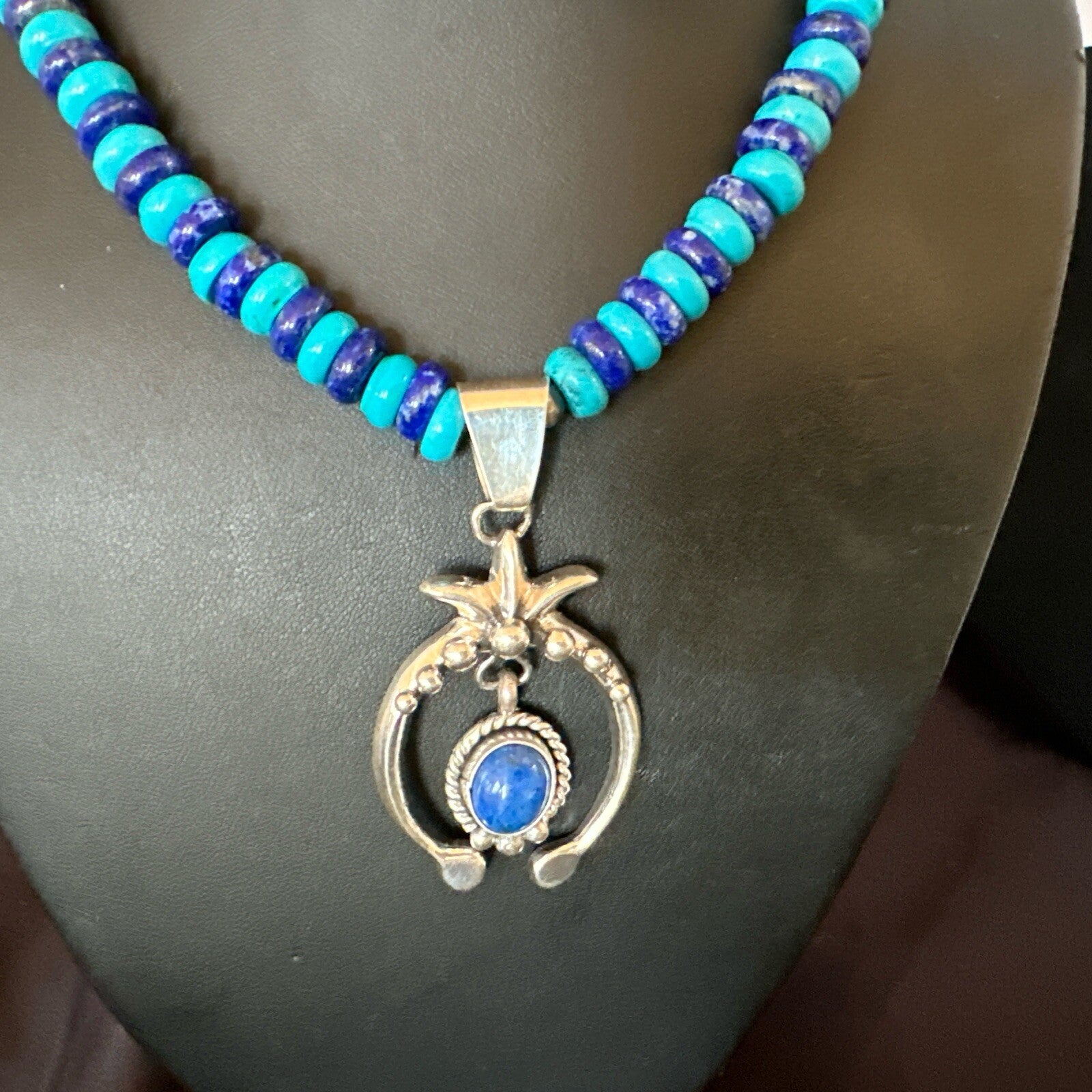 Blue Denim Lapis Turquoise Naja Pendant Navajo Sterling Silver Necklace 21"17688