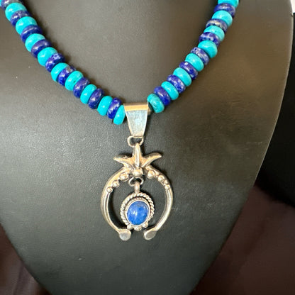Blue Denim Lapis Turquoise Naja Pendant Navajo Sterling Silver Necklace 21"17688