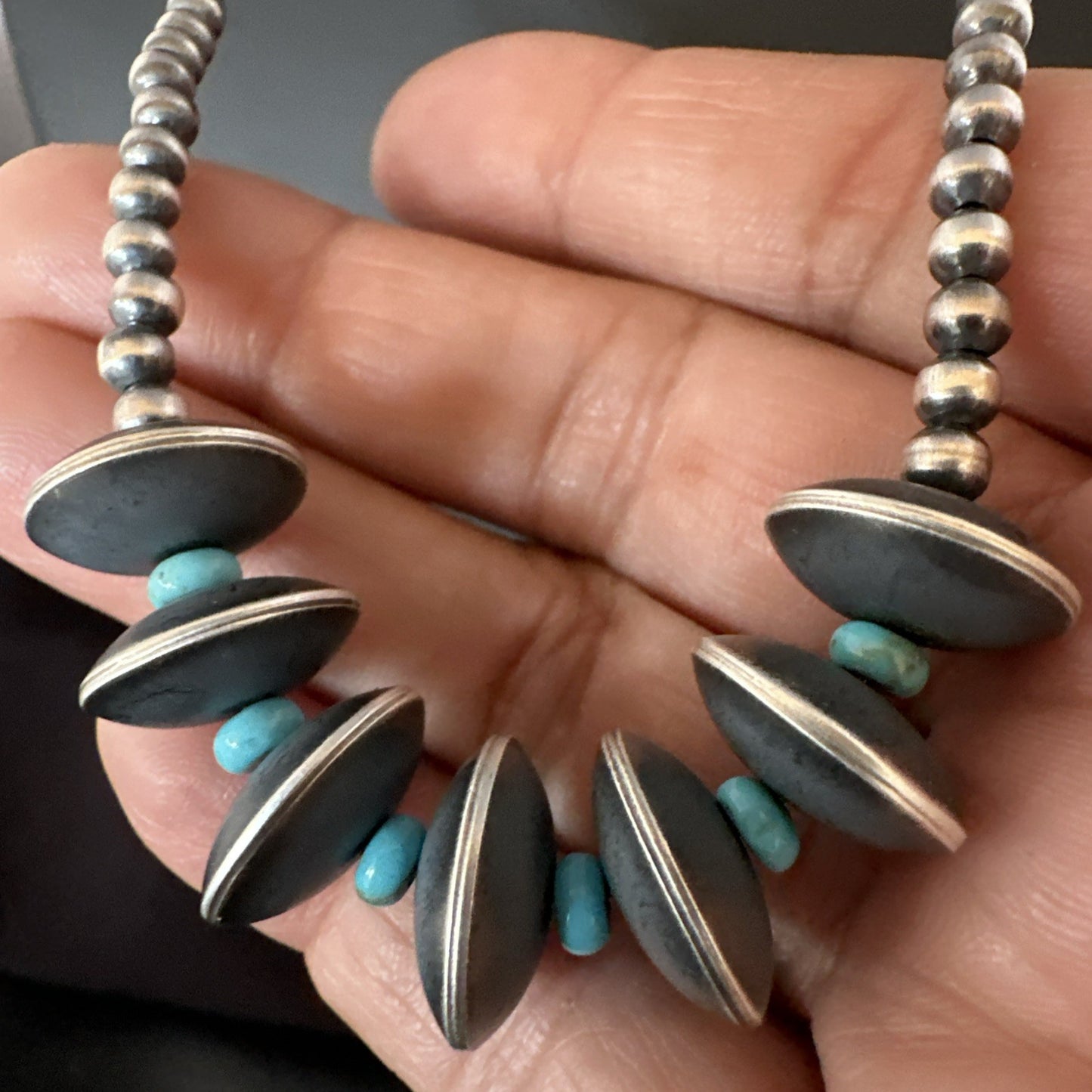 Blue Turquoise Round Flat Sterling Silver Beads Necklace 20” 19026