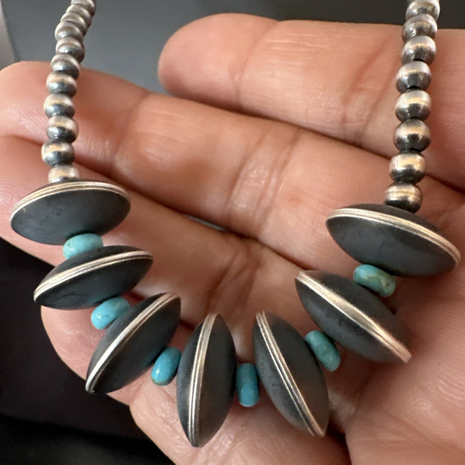 Blue Turquoise Round Flat Sterling Silver Beads Necklace 20” 19026