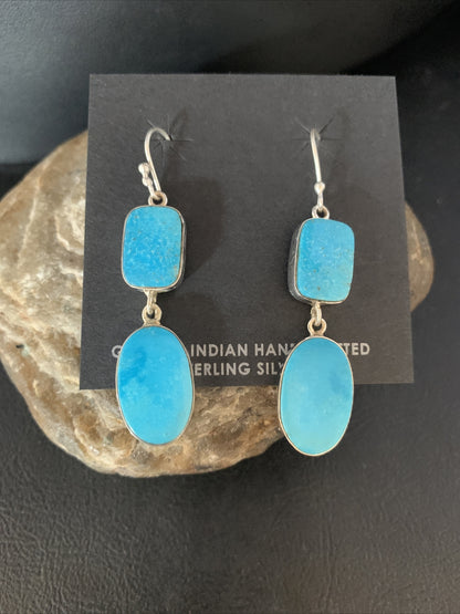 Blue Kingman Turquoise Navajo Sterling Silver Dangle Earrings 14079